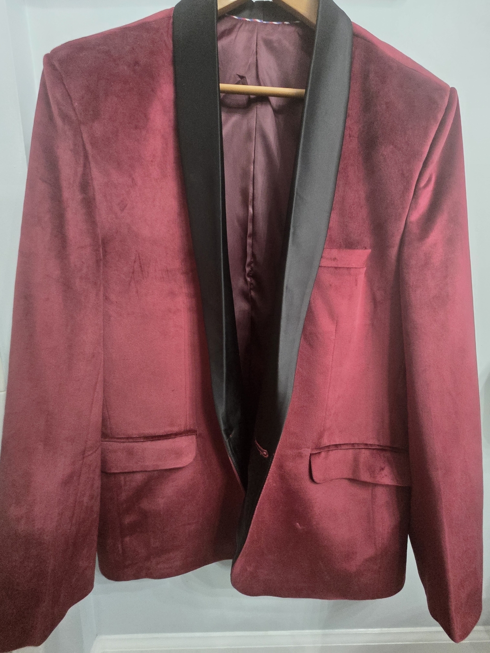 Men's Burgundy Velvet Blazer with Black Satin Shawl Lapel (USED ONCE / LIKE NEW)